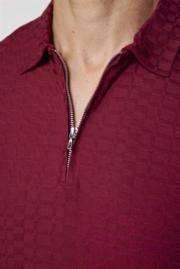 Erkek Slim Fit Dar Kesim Pamuk Fermuarlı Bordo Polo Yaka Tişört