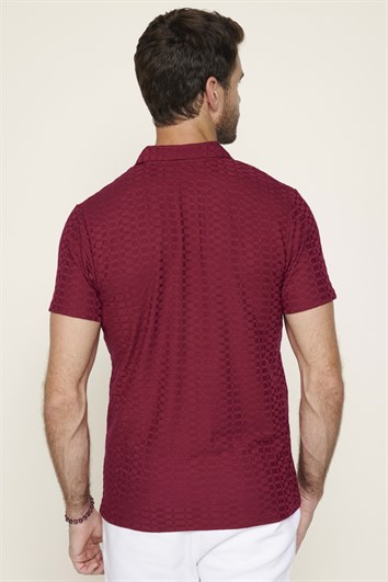 Erkek Slim Fit Dar Kesim Pamuk Fermuarlı Bordo Polo Yaka Tişört