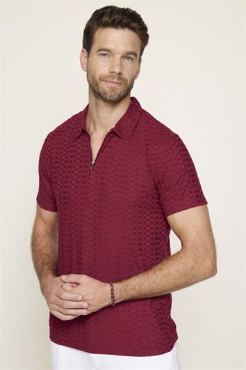 Erkek Slim Fit Dar Kesim Pamuk Fermuarlı Bordo Polo Yaka Tişört