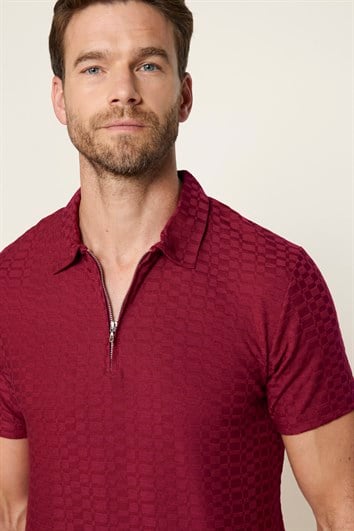 Erkek Slim Fit Dar Kesim Pamuk Fermuarlı Bordo Polo Yaka Tişört