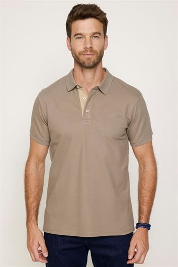 Erkek Slim Fit Dar Kesim %100 Pamuk Düz Pike Bej Polo Yaka Tişört