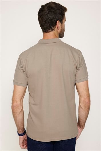 Erkek Slim Fit Dar Kesim %100 Pamuk Düz Pike Bej Polo Yaka Tişört