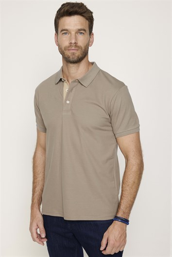 Erkek Slim Fit Dar Kesim %100 Pamuk Düz Pike Bej Polo Yaka Tişört