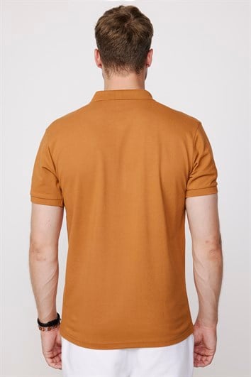Erkek Slim Fit Dar Kesim %100 Pamuk Düz Pike Kahverengi Polo Yaka Tişört