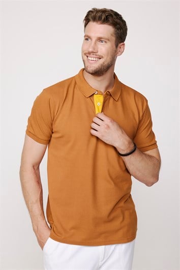 Erkek Slim Fit Dar Kesim %100 Pamuk Düz Pike Kahverengi Polo Yaka Tişört