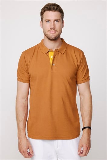 Erkek Slim Fit Dar Kesim %100 Pamuk Düz Pike Kahverengi Polo Yaka Tişört