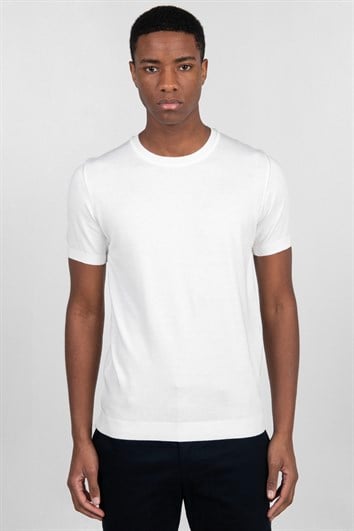 Erkek Slim Fit Dar Kesim Pamuklu Örme Triko Beyaz Bisiklet Yaka Tişört