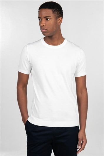 Erkek Slim Fit Dar Kesim Pamuklu Örme Triko Beyaz Bisiklet Yaka Tişört