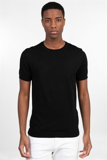 Erkek Slim Fit Dar Kesim Pamuklu Örme Triko Siyah Bisiklet Yaka Tişört