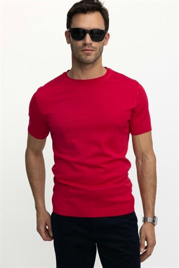 Erkek Slim Fit Dar Kesim Pamuklu Örme Triko Nar Renk Bisiklet Yaka Tişört