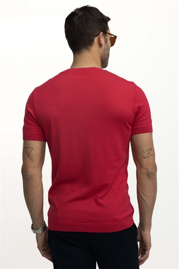 Erkek Slim Fit Dar Kesim Pamuklu Örme Triko Nar Renk Bisiklet Yaka Tişört