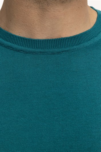 Erkek Slim Fit Dar Kesim Pamuklu Örme Triko Yeşil Bisiklet Yaka Tişört