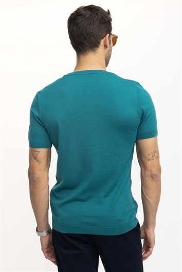 Erkek Slim Fit Dar Kesim Pamuklu Örme Triko Yeşil Bisiklet Yaka Tişört