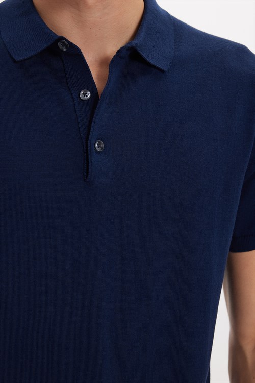 Erkek Slim Fit Dar Kesim Pamuklu Örme Triko Lacivert Polo Yaka Tişört