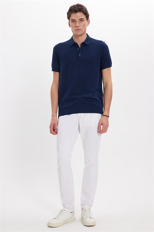 Erkek Slim Fit Dar Kesim Pamuklu Örme Triko Lacivert Polo Yaka Tişört