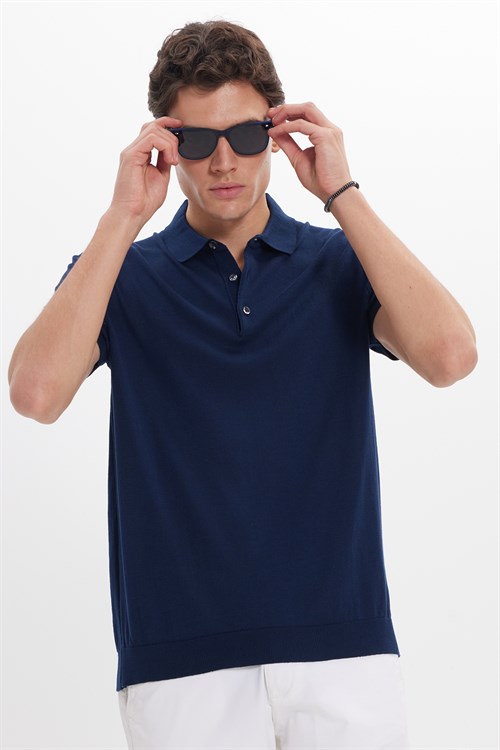 Erkek Slim Fit Dar Kesim Pamuklu Örme Triko Lacivert Polo Yaka Tişört