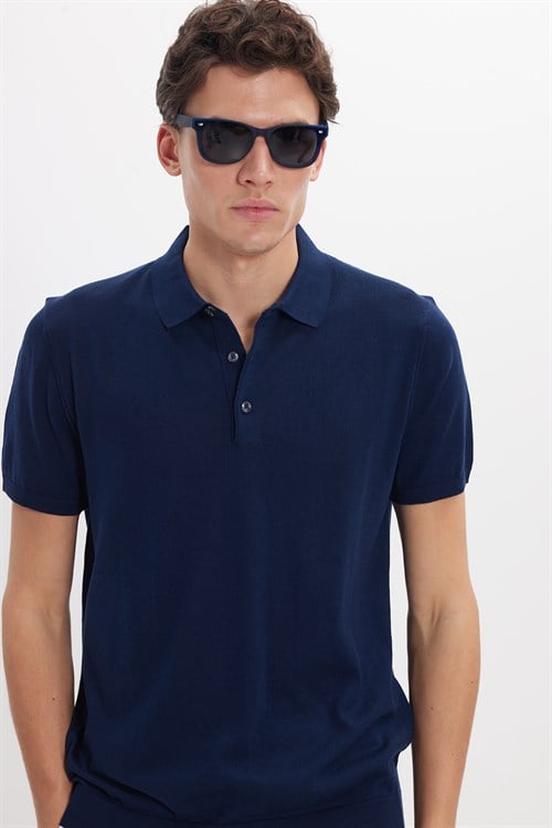 Erkek Slim Fit Dar Kesim Pamuklu Örme Triko Lacivert Polo Yaka Tişört