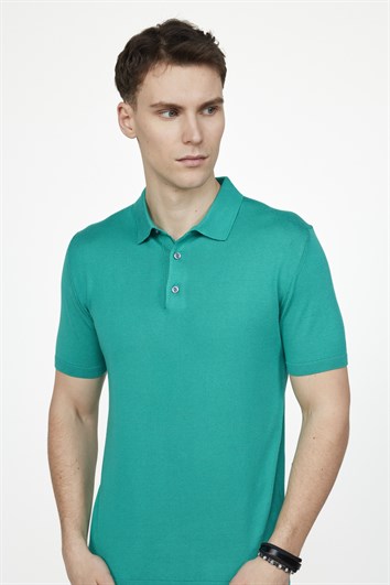 Erkek Slim Fit Dar Kesim Pamuklu Örme Triko Yeşil Polo Yaka Tişört