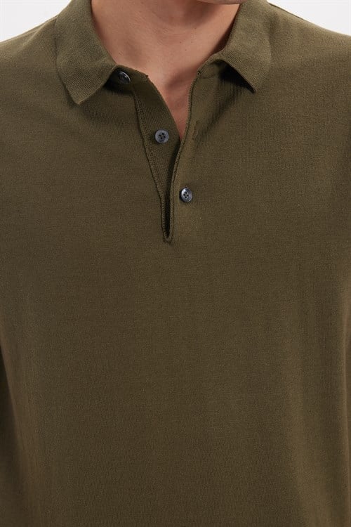 Erkek Slim Fit Dar Kesim Pamuklu Örme Triko Haki Polo Yaka Tişört