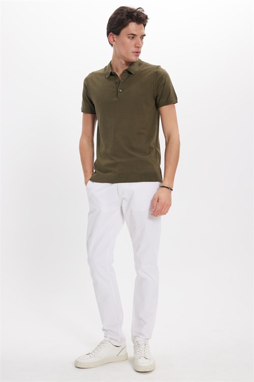 Erkek Slim Fit Dar Kesim Pamuklu Örme Triko Haki Polo Yaka Tişört