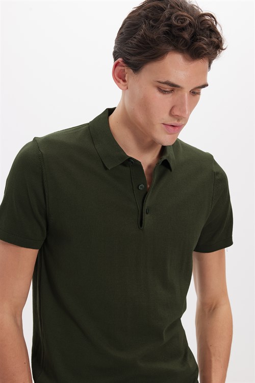 Erkek Slim Fit Dar Kesim Pamuklu Örme Triko Haki Polo Yaka Tişört