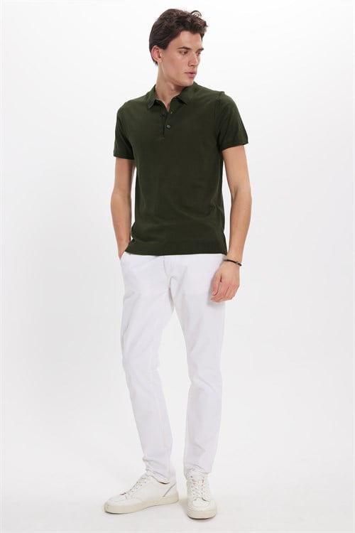 Erkek Slim Fit Dar Kesim Pamuklu Örme Triko Haki Polo Yaka Tişört