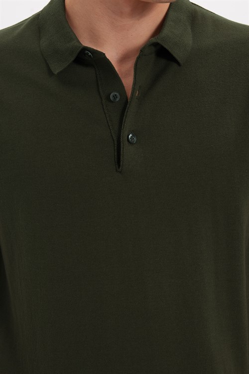 Erkek Slim Fit Dar Kesim Pamuklu Örme Triko Haki Polo Yaka Tişört