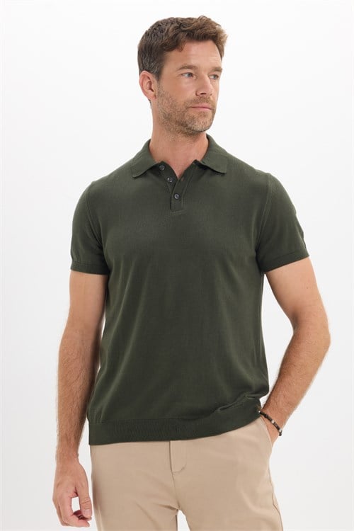 Erkek Slim Fit Dar Kesim Pamuklu Örme Triko Haki Polo Yaka Tişört