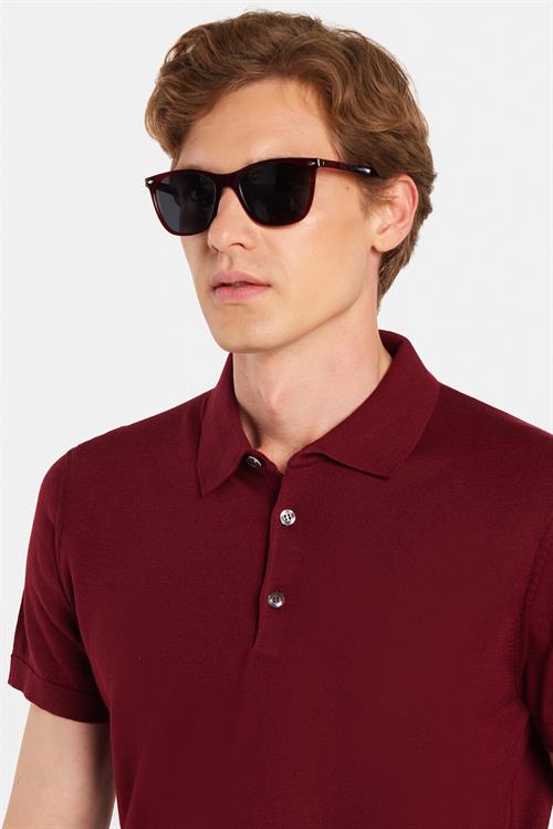 Erkek Slim Fit Dar Kesim Pamuklu Örme Triko Bordo Polo Yaka Tişört