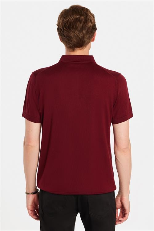 Erkek Slim Fit Dar Kesim Pamuklu Örme Triko Bordo Polo Yaka Tişört