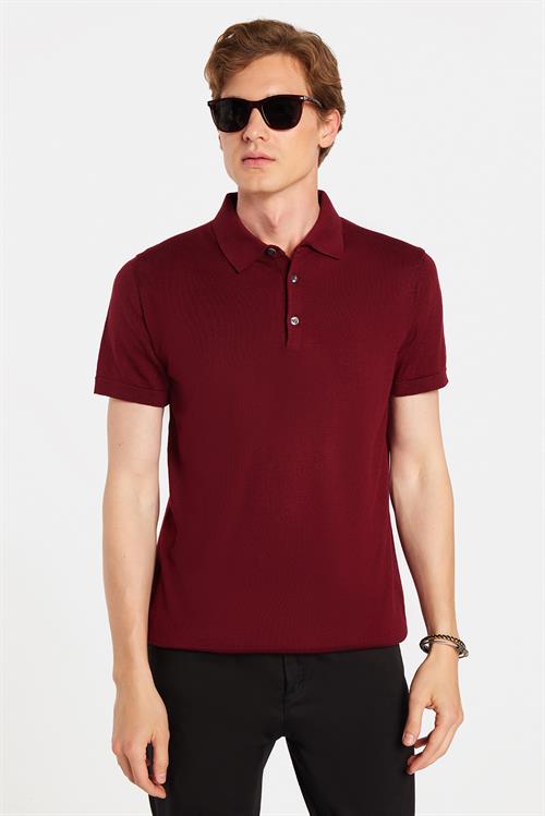 Erkek Slim Fit Dar Kesim Pamuklu Örme Triko Bordo Polo Yaka Tişört