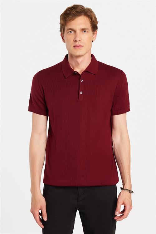 Erkek Slim Fit Dar Kesim Pamuklu Örme Triko Bordo Polo Yaka Tişört