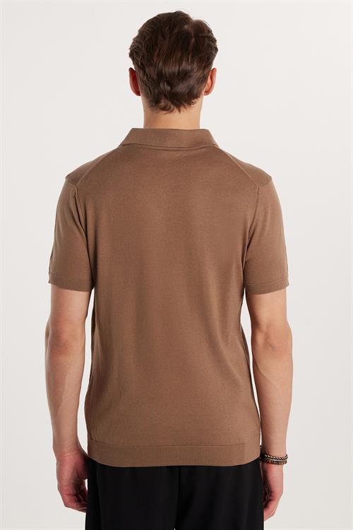 Erkek Slim Fit Dar Kesim Pamuklu Örme Triko Vizon Polo Yaka Tişört