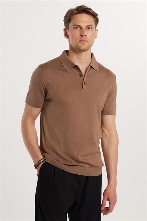 Erkek Slim Fit Dar Kesim Pamuklu Örme Triko Vizon Polo Yaka Tişört