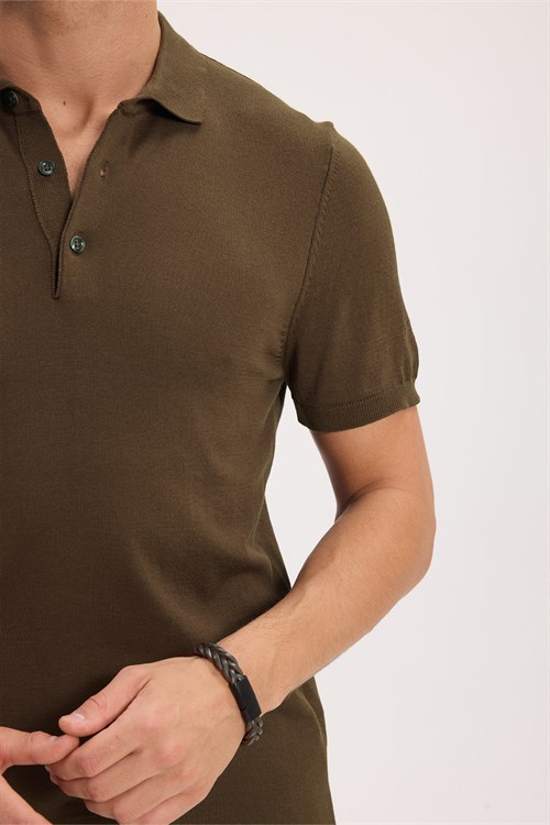 Erkek Slim Fit Dar Kesim Pamuklu Örme Triko Vizon Polo Yaka Tişört