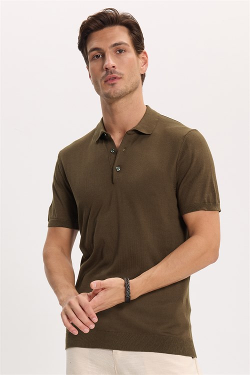 Erkek Slim Fit Dar Kesim Pamuklu Örme Triko Vizon Polo Yaka Tişört