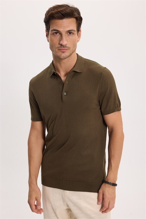 Erkek Slim Fit Dar Kesim Pamuklu Örme Triko Vizon Polo Yaka Tişört