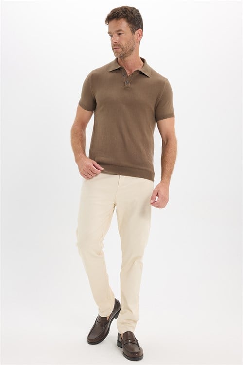 Erkek Slim Fit Dar Kesim Pamuklu Örme Triko Vizon Polo Yaka Tişört