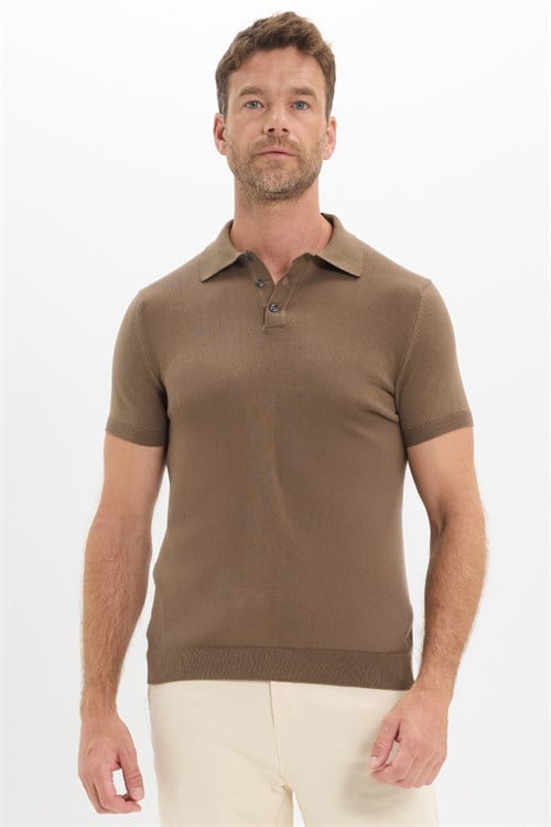 Erkek Slim Fit Dar Kesim Pamuklu Örme Triko Vizon Polo Yaka Tişört