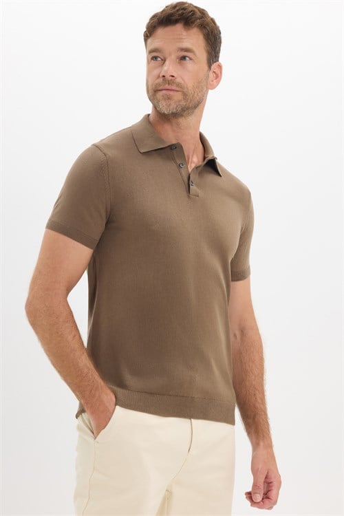 Erkek Slim Fit Dar Kesim Pamuklu Örme Triko Vizon Polo Yaka Tişört