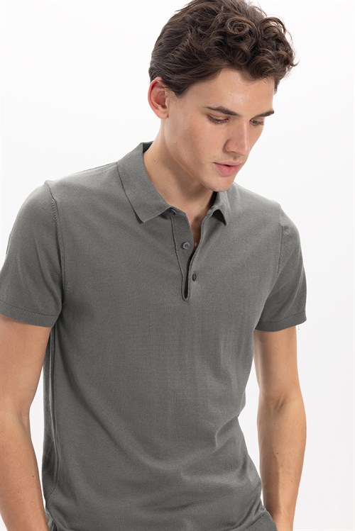 Erkek Slim Fit Dar Kesim Pamuklu Örme Triko Gri Polo Yaka Tişört