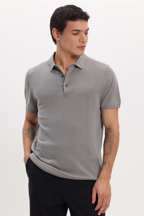 Erkek Slim Fit Dar Kesim Pamuklu Örme Triko Gri Polo Yaka Tişört