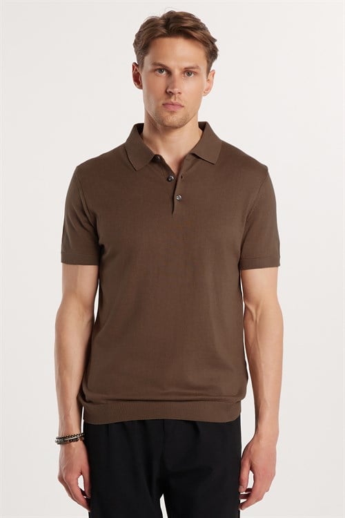 Erkek Slim Fit Dar Kesim Pamuklu Örme Triko Kahverengi Polo Yaka Tişört