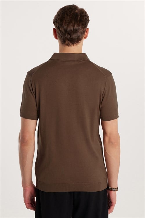 Erkek Slim Fit Dar Kesim Pamuklu Örme Triko Kahverengi Polo Yaka Tişört