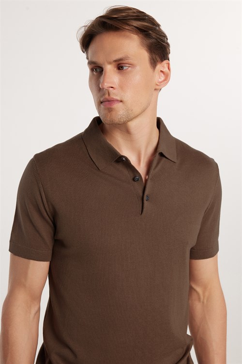Erkek Slim Fit Dar Kesim Pamuklu Örme Triko Kahverengi Polo Yaka Tişört