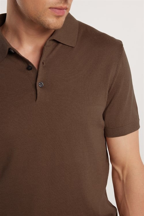 Erkek Slim Fit Dar Kesim Pamuklu Örme Triko Kahverengi Polo Yaka Tişört