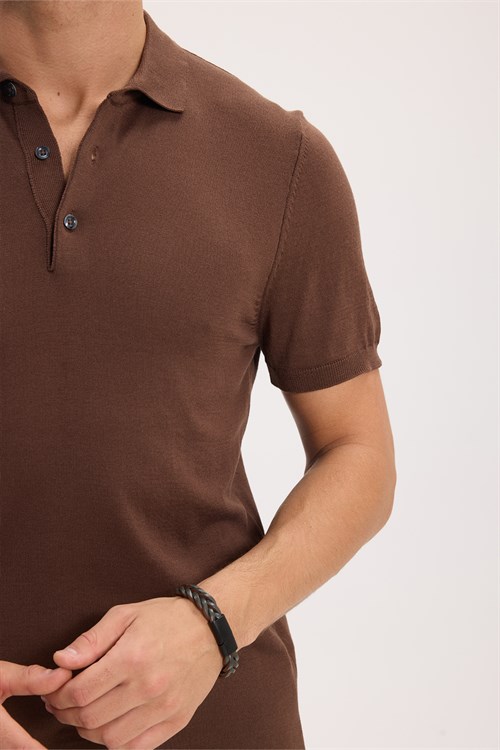 Erkek Slim Fit Dar Kesim Pamuklu Örme Triko Kahverengi Polo Yaka Tişört