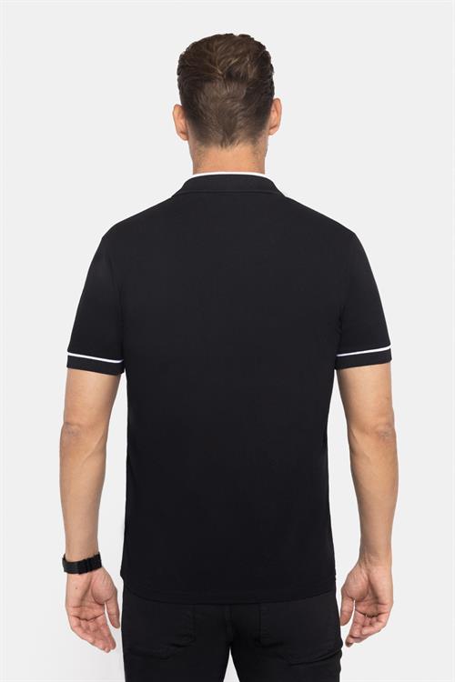 Erkek Slim Fit Dar Kesim %100 Pamuk Düz Pike Fermuarlı Siyah Polo Yaka Tişört