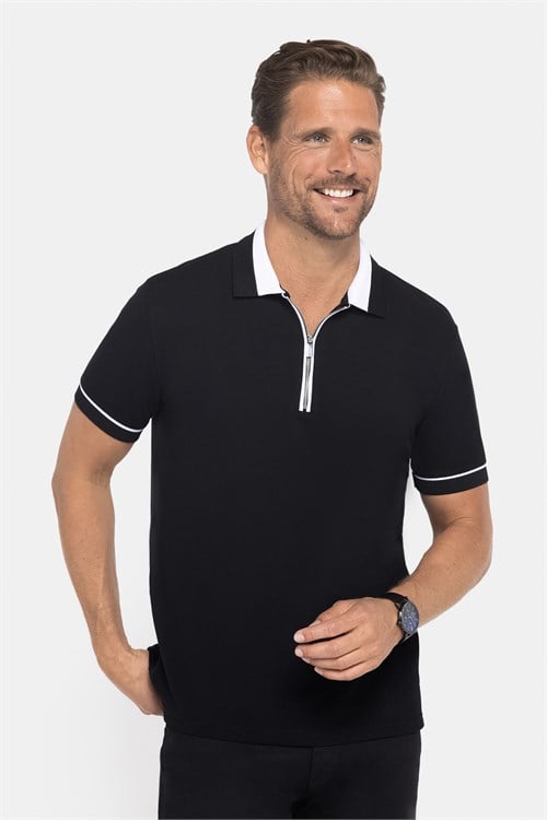 Erkek Slim Fit Dar Kesim %100 Pamuk Düz Pike Fermuarlı Siyah Polo Yaka Tişört
