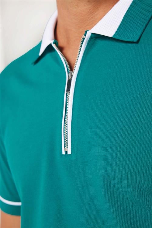 Erkek Slim Fit Dar Kesim %100 Pamuk Düz Pike Fermuarlı Yeşil Polo Yaka Tişört